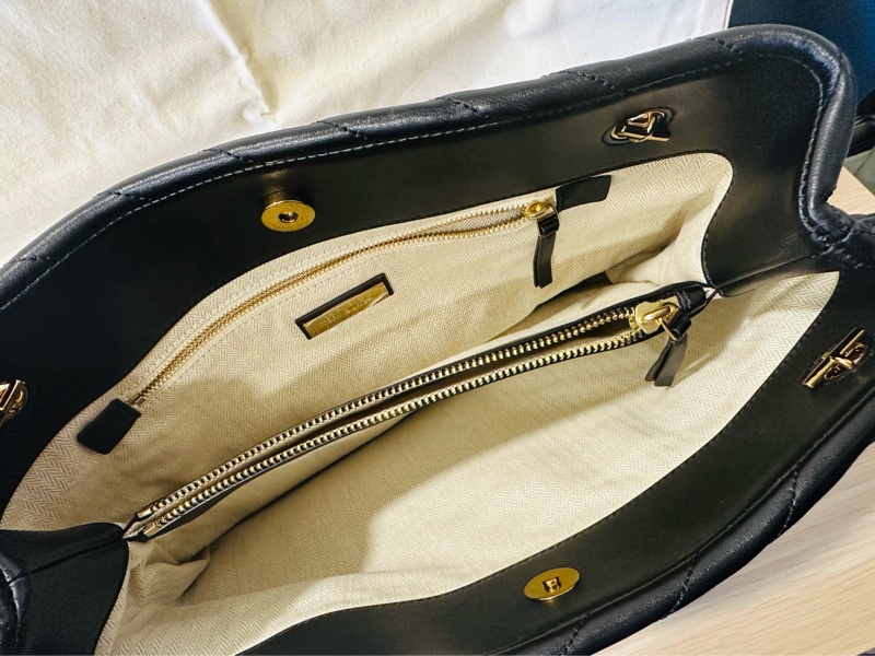 全新 Tory Burch Kira Chevron Tote 小香風經典黑色皮革肩背手提托特包 鏈條背帶-7