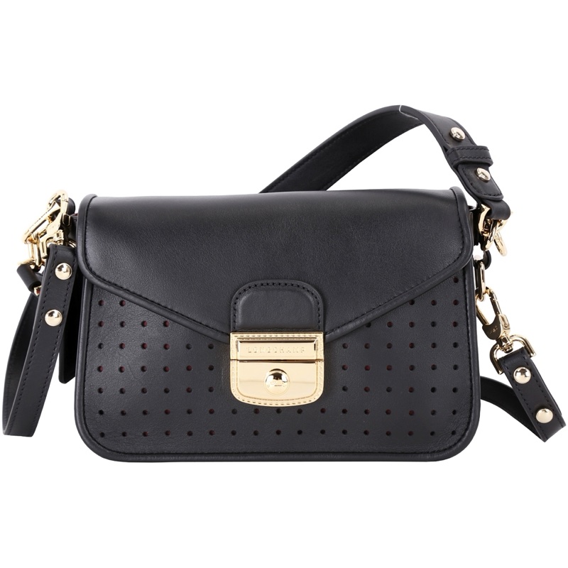 LONGCHAMP Mademoiselle 金鎖釦洞洞小牛皮 肩背手提包 黑色 新光三越A4購入-1