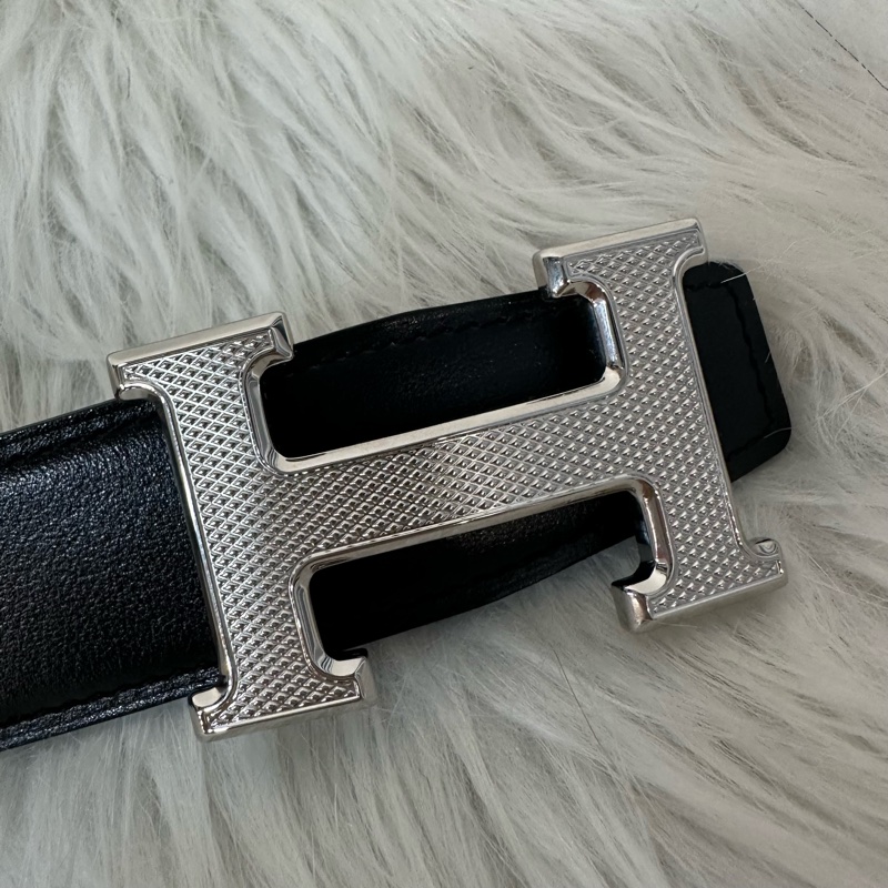 Hermes 黑灰雙面銀點H釦皮帶 95cm/32mm-1