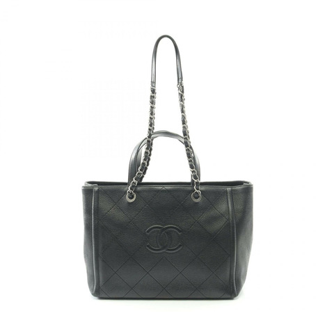 香奈兒 COCO 標誌鏈條肩背手提包，黑色皮革，二手，女士 CC Coco SHW