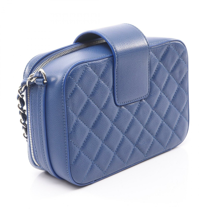 香奈兒半可可標誌絎縫鏈條肩背斜背包，藍色二手皮革-1