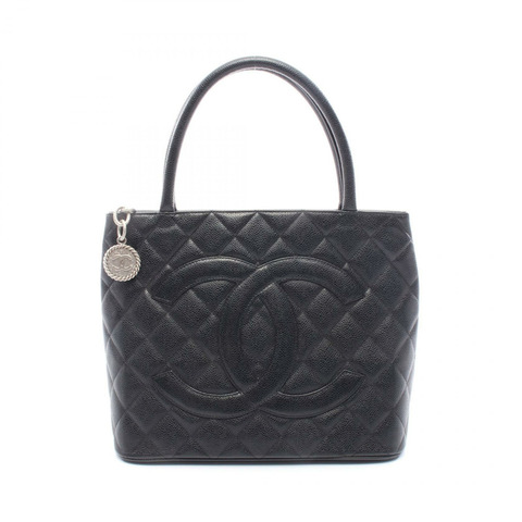 香奈兒 (CHANEL) Medallion 手提包，粒面小牛皮，黑色，銀色五金，二手，女士 CC