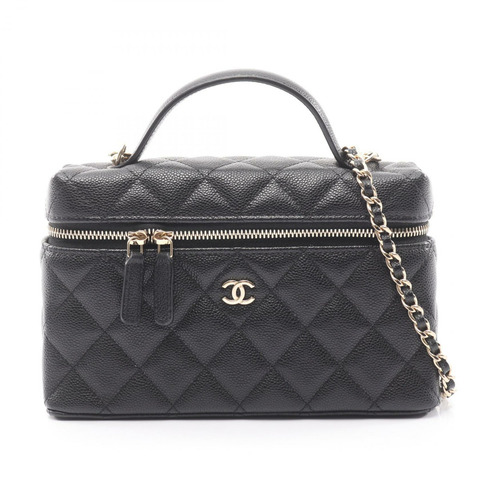 香奈兒 (CHANEL) 絎縫鏈條肩背斜背包，黑色皮革，金色五金，二手