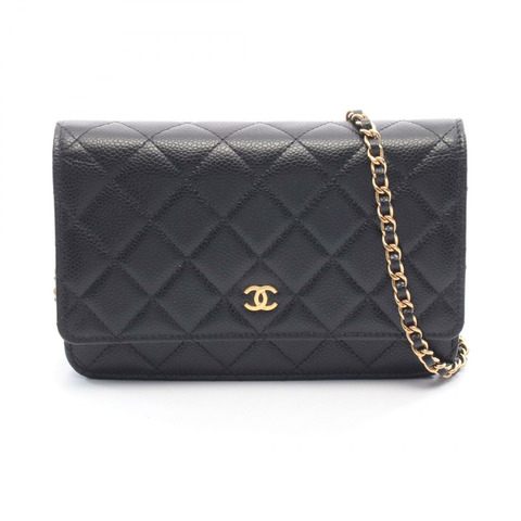 香奈兒 (CHANEL) Matelasse 鏈條肩背斜背包錢包 小牛皮 黑色 金色五金 二手