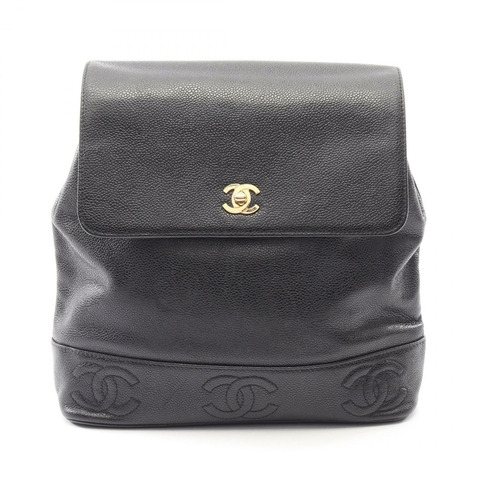 香奈兒 (CHANEL) Triple COCO Mark 雙肩包/背包，黑色皮革，二手，女士款，金色五金配件，CC