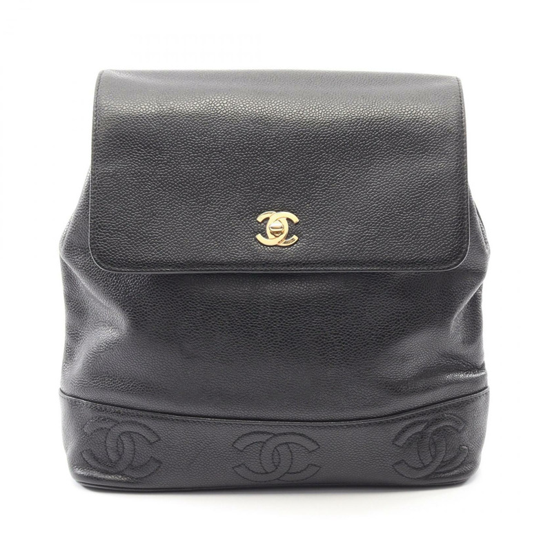 香奈兒 (CHANEL) Triple COCO Mark 雙肩包/背包，黑色皮革，二手，女士款，金色五金配件，CC-0