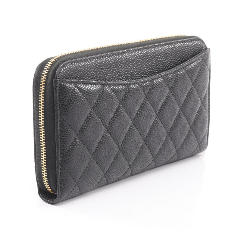 香奈兒經典長拉鍊錢包，絎縫皮革，AP0242，黑色，金色五金，二手 CC-1