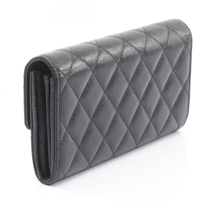 香奈兒 (CHANEL) Matelasse 雙折長錢包，小牛皮材質，黑色，金色五金，二手，女士 CC-1