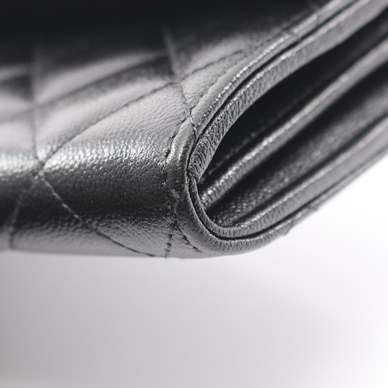 香奈兒 (CHANEL) Matelasse 雙折長錢包，小牛皮材質，黑色，金色五金，二手，女士 CC-7