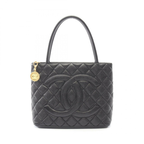 香奈兒 (CHANEL) Medallion 手提包，粒面小牛皮，黑色，金色五金，二手，女士 CC