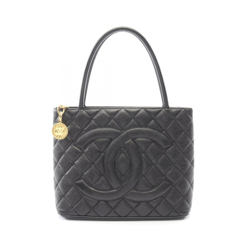 香奈兒 (CHANEL) Medallion 手提包，粒面小牛皮，黑色，金色五金，二手，女士 CC-0