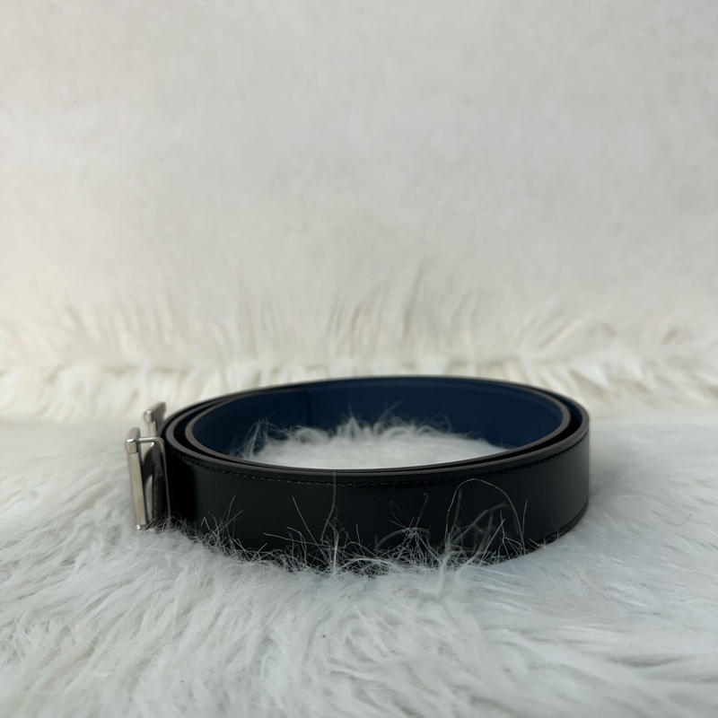 Hermes 黑籃銀質紋H釦皮帶 95cm/32mm-1