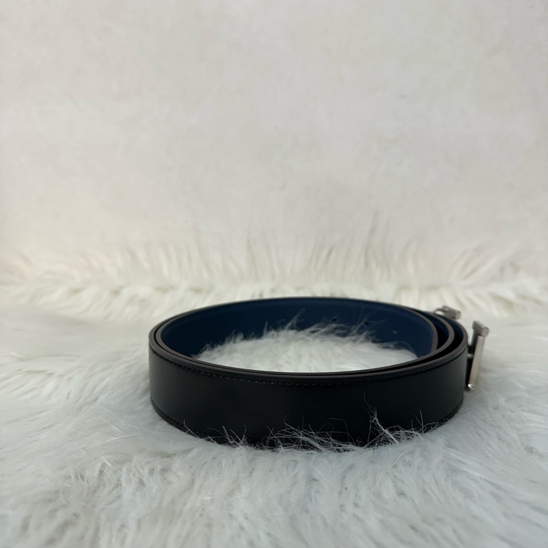 Hermes 黑籃銀質紋H釦皮帶 95cm/32mm-3