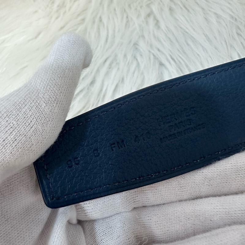 Hermes 黑籃銀質紋H釦皮帶 95cm/32mm-7