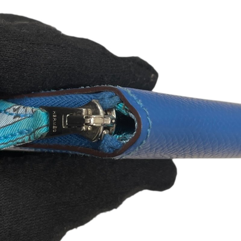 HERMES 愛馬仕 SILK IN 絲巾零錢包 EPSOM 普皮 藍色 銀釦-6