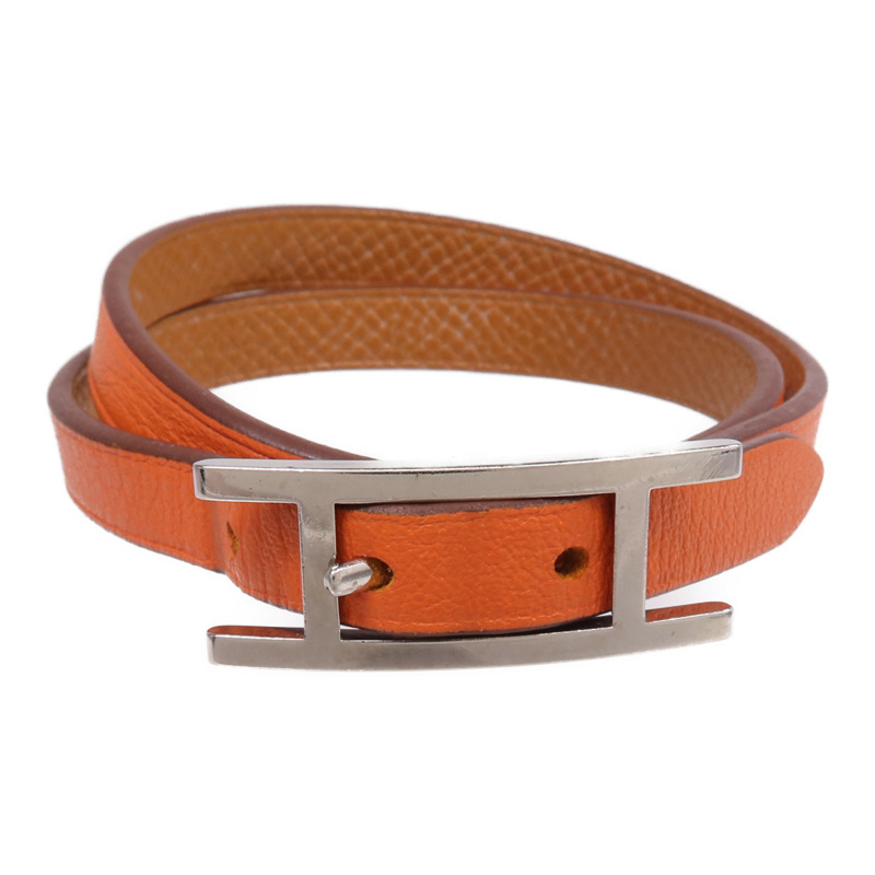 HERMES Swift皮革Behapi Double Tour Bracelet銀扣手帶Orange/Gold-0