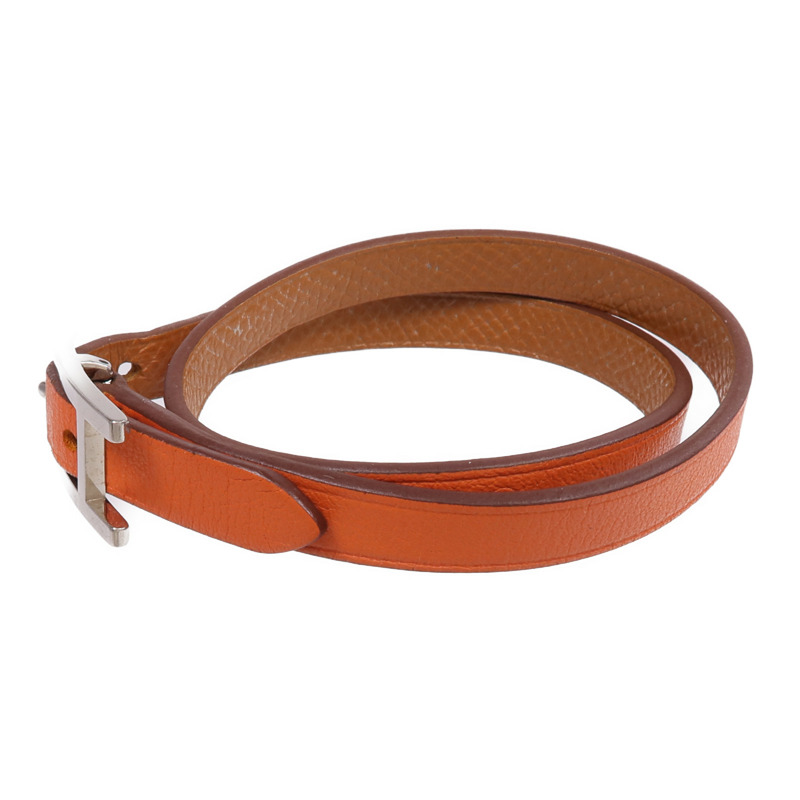 HERMES Swift皮革Behapi Double Tour Bracelet銀扣手帶Orange/Gold-1