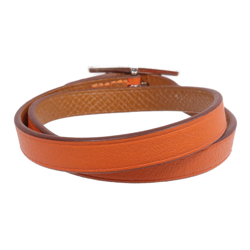 HERMES Swift皮革Behapi Double Tour Bracelet銀扣手帶Orange/Gold-2