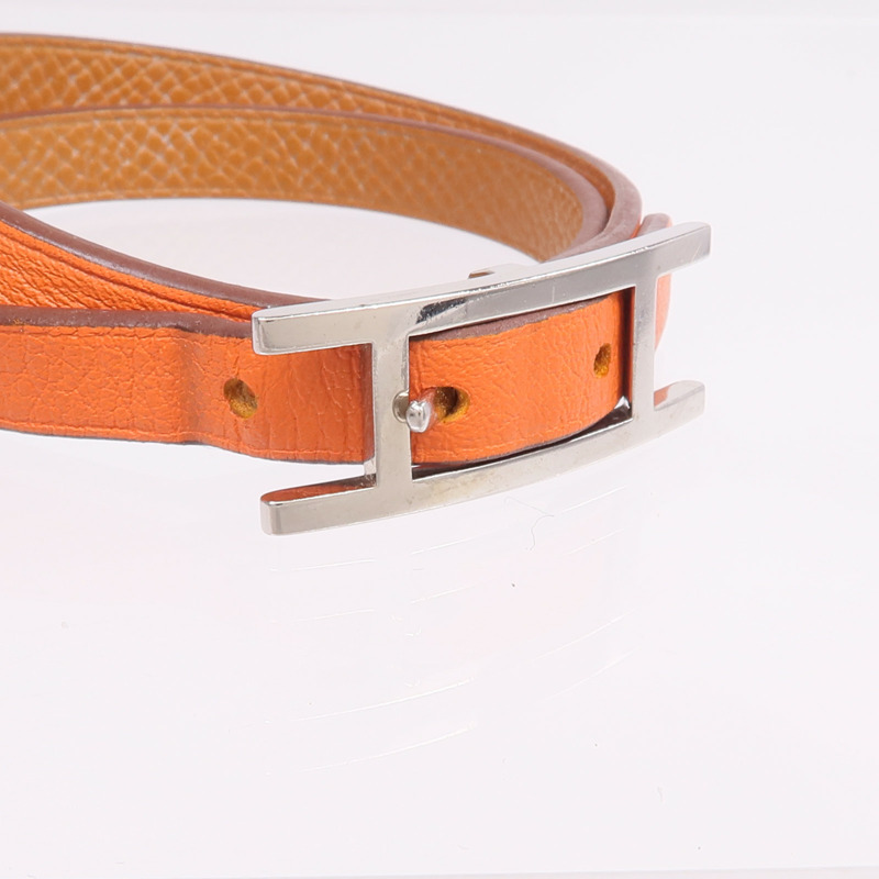 HERMES Swift皮革Behapi Double Tour Bracelet銀扣手帶Orange/Gold-3