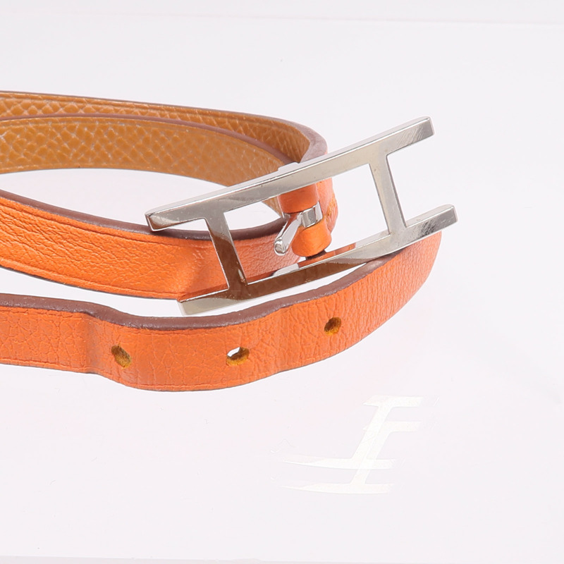 HERMES Swift皮革Behapi Double Tour Bracelet銀扣手帶Orange/Gold-4