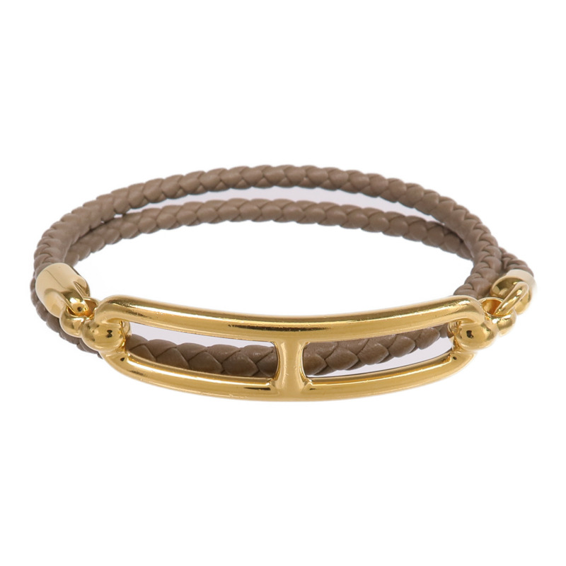 HERMES Swift皮革Roulis Double Tour Bracelet金扣手帶Etoupe-0