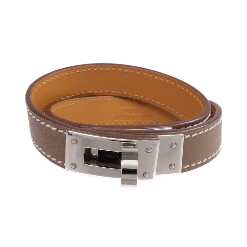 HERMES Swift皮革Kelly Double Tour Bracelet銀扣手帶Etoupe-0
