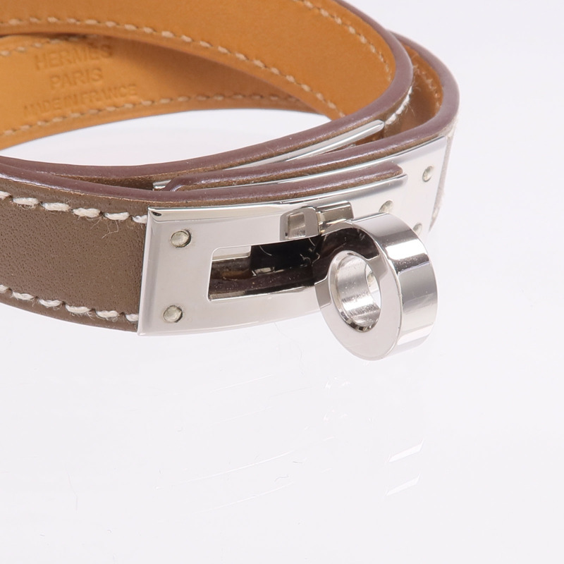 HERMES Swift皮革Kelly Double Tour Bracelet銀扣手帶Etoupe-4