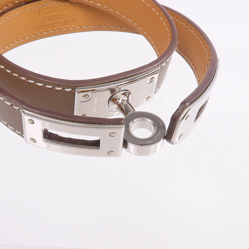 HERMES Swift皮革Kelly Double Tour Bracelet銀扣手帶Etoupe-5