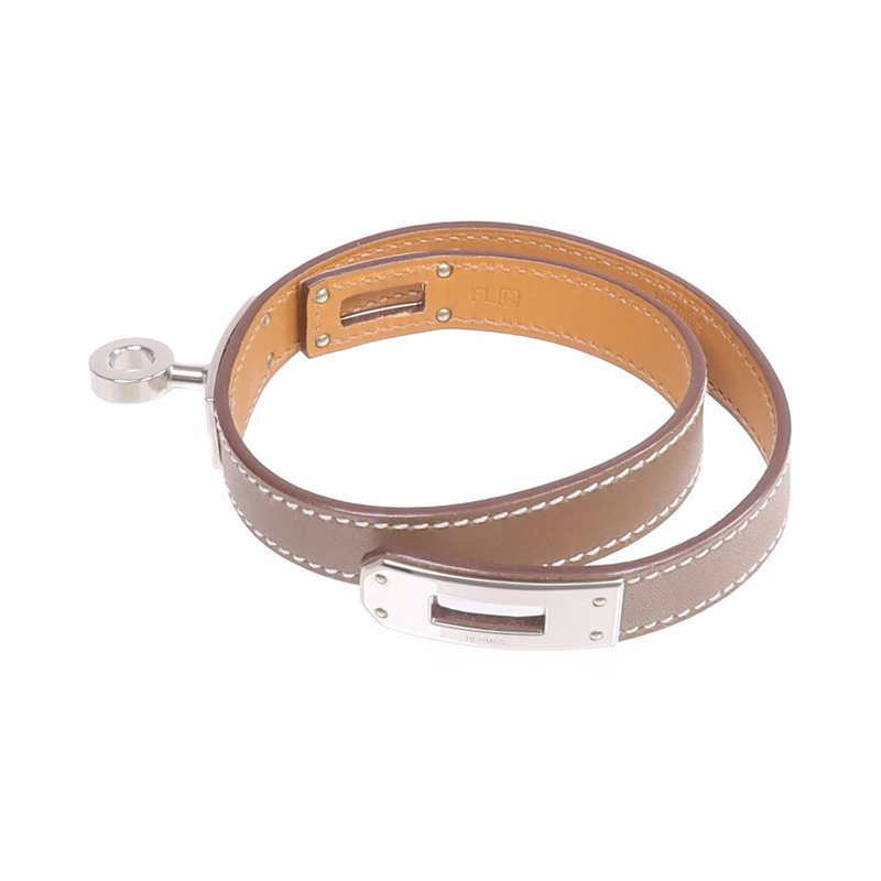 HERMES Swift皮革Kelly Double Tour Bracelet銀扣手帶Etoupe-6