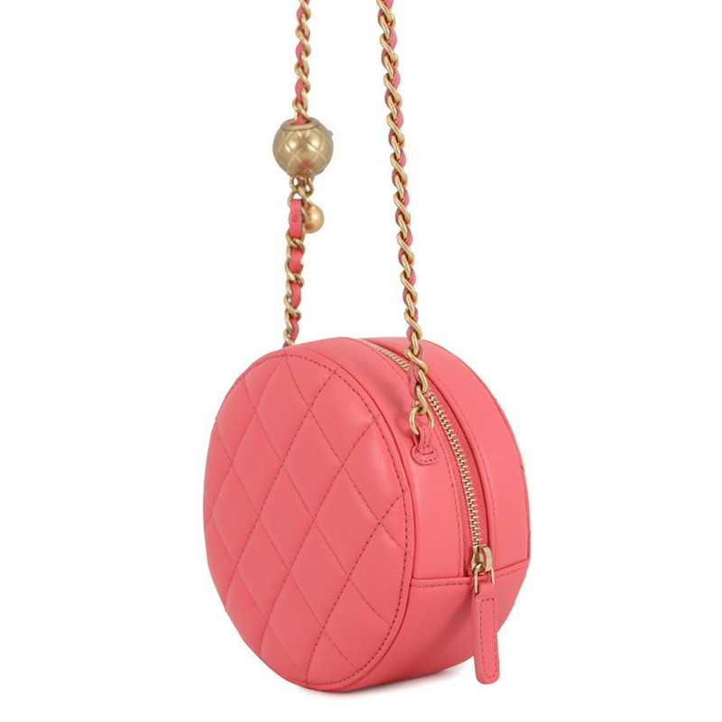香奈兒鏈條肩背包，絎縫可可標誌圓形球形羊皮-1