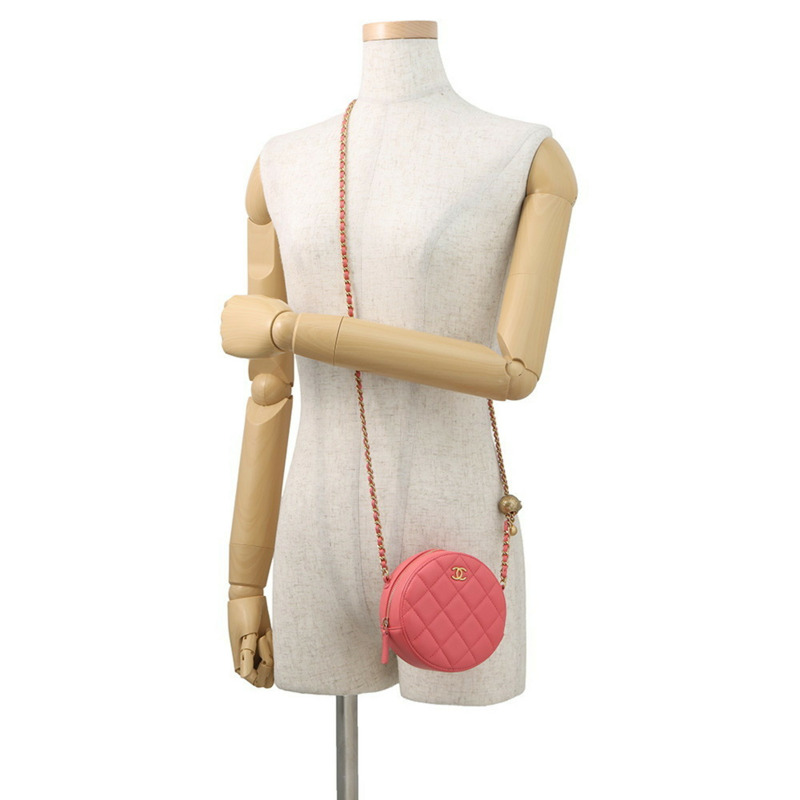 香奈兒鏈條肩背包，絎縫可可標誌圓形球形羊皮-3