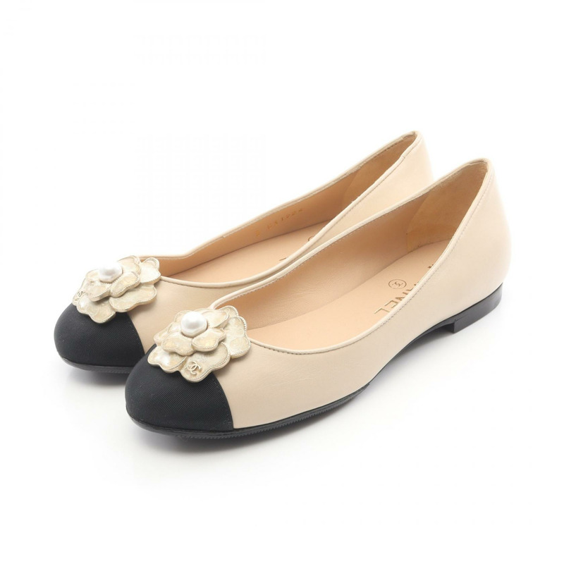 香奈兒山茶花 COCO Mark 高跟鞋 #36 1/2 皮革 織物 米色 黑色 二手 CC-0