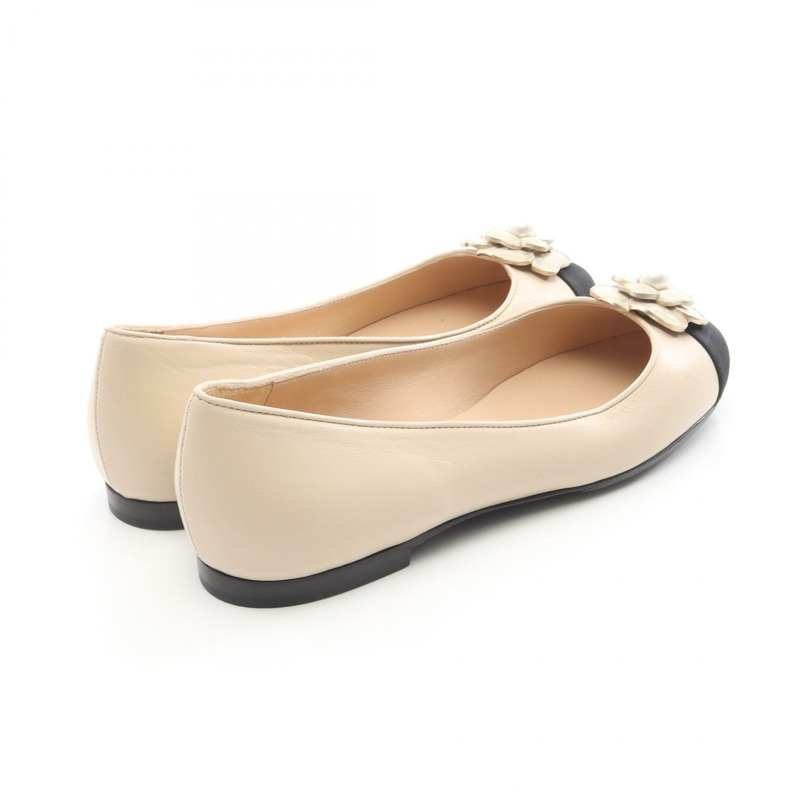 香奈兒山茶花 COCO Mark 高跟鞋 #36 1/2 皮革 織物 米色 黑色 二手 CC-1