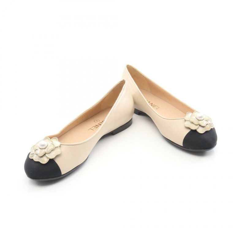 香奈兒山茶花 COCO Mark 高跟鞋 #36 1/2 皮革 織物 米色 黑色 二手 CC-2