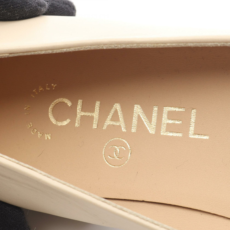 香奈兒山茶花 COCO Mark 高跟鞋 #36 1/2 皮革 織物 米色 黑色 二手 CC-4