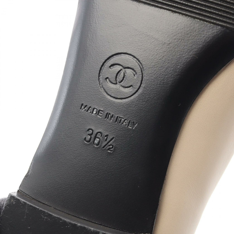香奈兒山茶花 COCO Mark 高跟鞋 #36 1/2 皮革 織物 米色 黑色 二手 CC-5