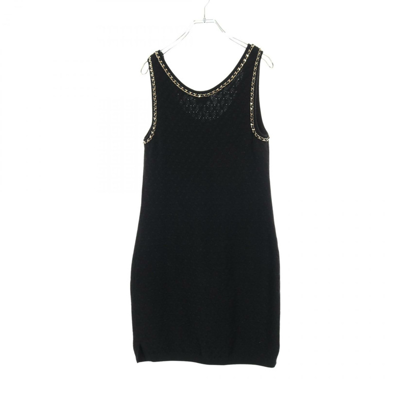 香奈兒 COCO 標誌鏈條飾邊無袖連身裙 #38 羊絨黑色二手女裝 CC-1