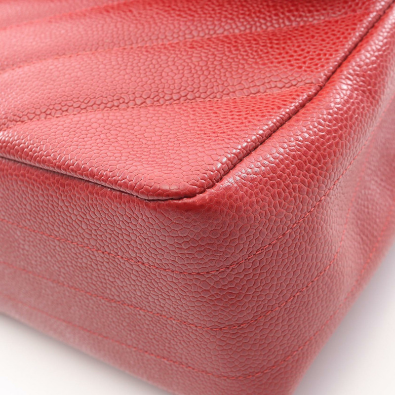 香奈兒斜紋縫線鏈條單肩背包，粒面小牛皮，紅色金色五金，二手CC-5