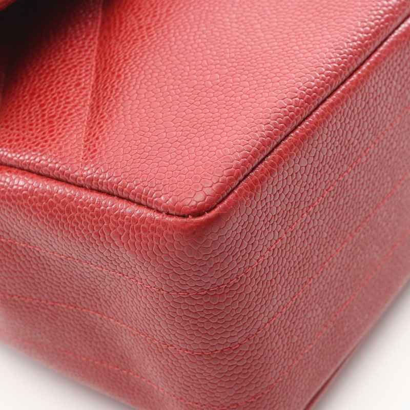 香奈兒斜紋縫線鏈條單肩背包，粒面小牛皮，紅色金色五金，二手CC-6