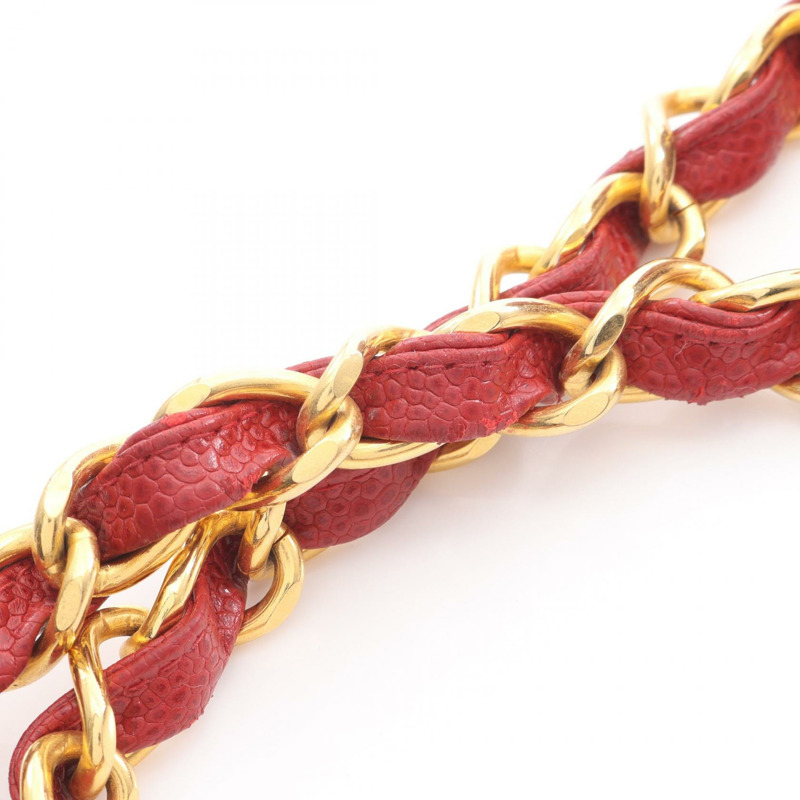 香奈兒斜紋縫線鏈條單肩背包，粒面小牛皮，紅色金色五金，二手CC-7