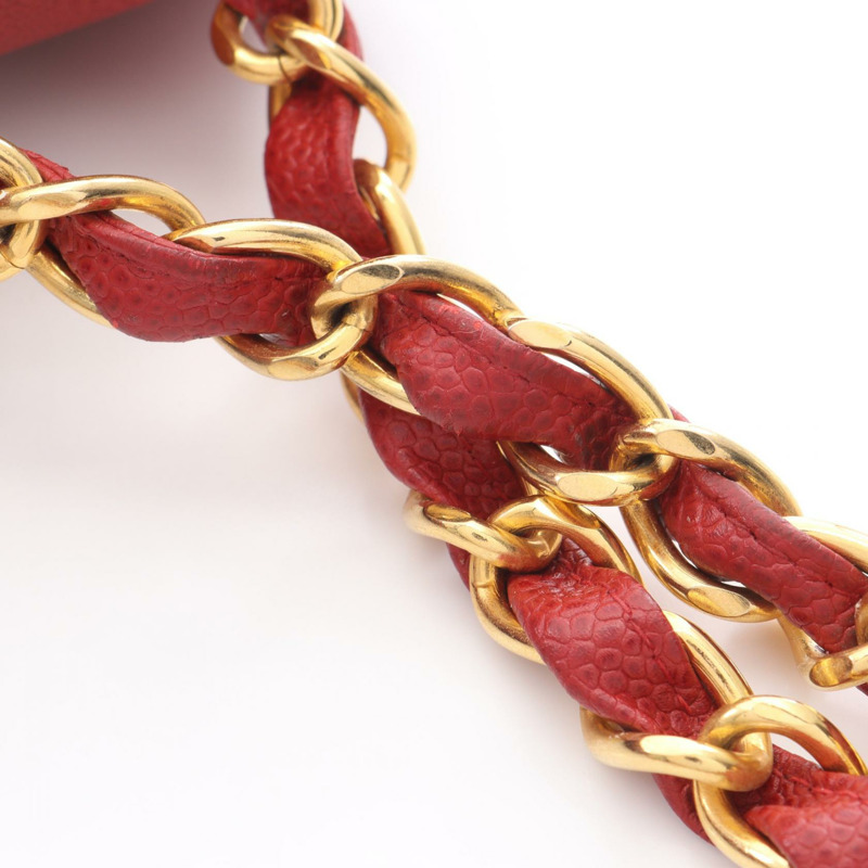 香奈兒斜紋縫線鏈條單肩背包，粒面小牛皮，紅色金色五金，二手CC-8