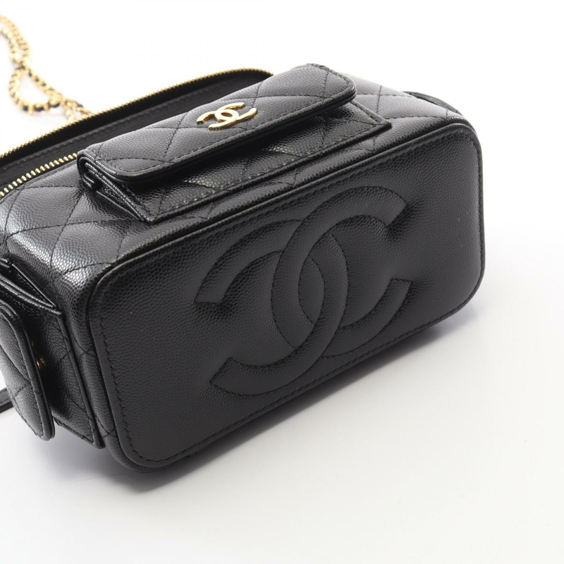 香奈兒 (CHANEL) Matelasse 肩鍊斜挎化妝包，小牛皮材質，黑色，二手，金色五金-7