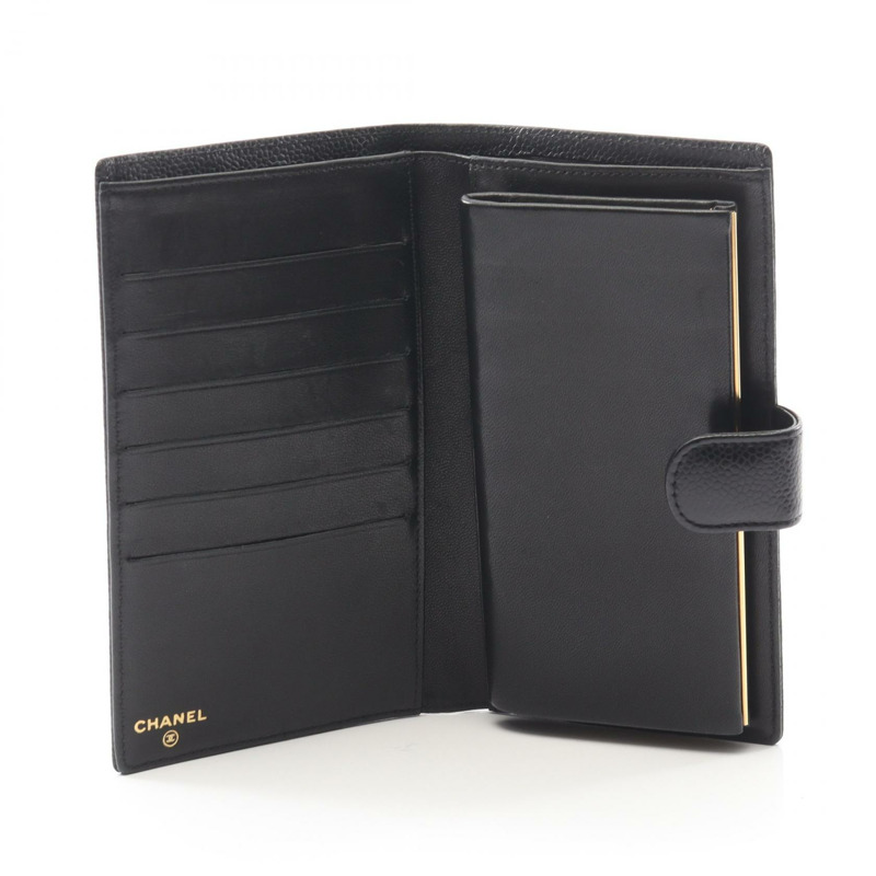 香奈兒 COCO 標誌雙折長皮夾，粒面小牛皮，黑色，二手 CC-2