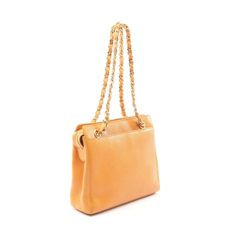 香奈兒手提鏈條單肩包，小牛皮材質，橘色，金色五金，二手女款-1