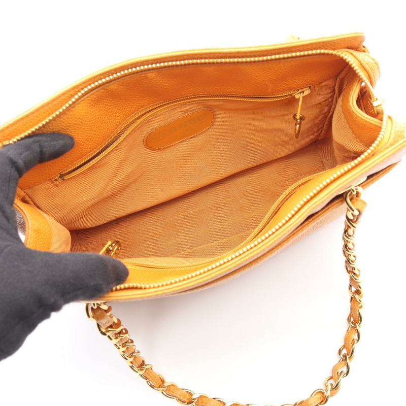 香奈兒手提鏈條單肩包，小牛皮材質，橘色，金色五金，二手女款-2