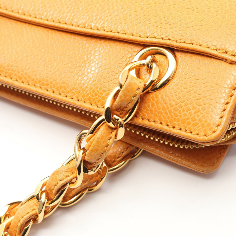 香奈兒手提鏈條單肩包，小牛皮材質，橘色，金色五金，二手女款-9