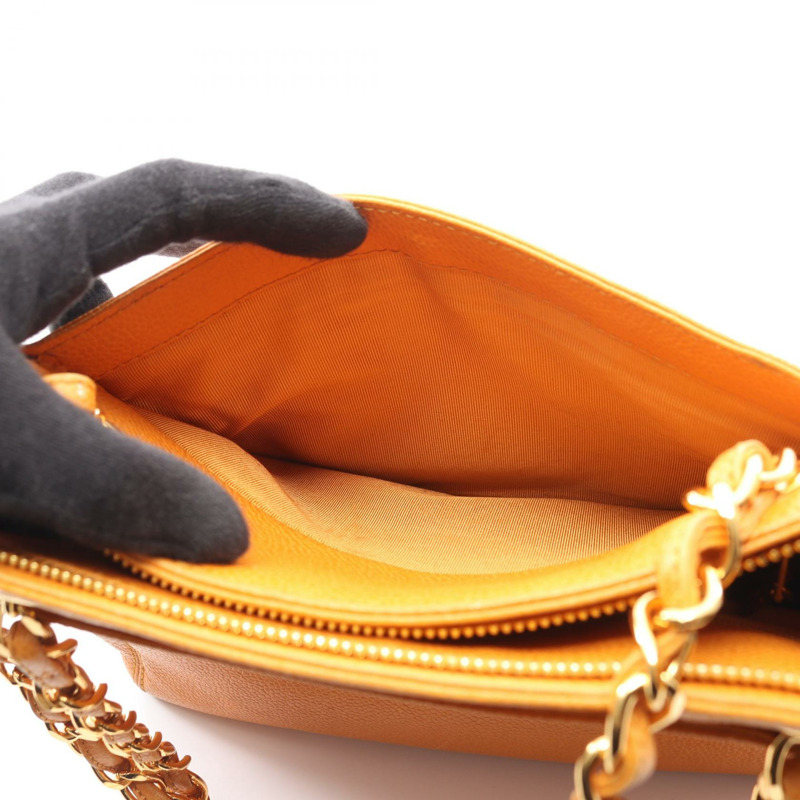 香奈兒手提鏈條單肩包，小牛皮材質，橘色，金色五金，二手女款-11