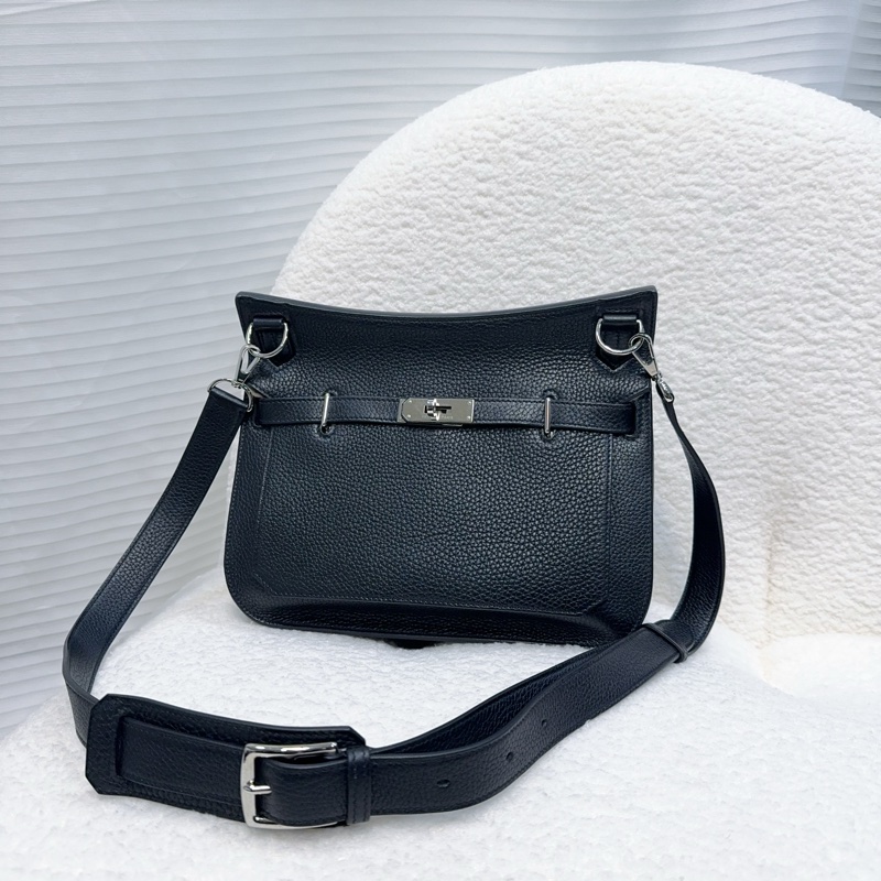 Hermes 89黑T/C皮銀釦Jypsiere28斜背包（男女通用）-3