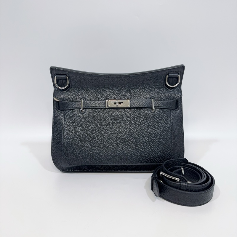 Hermes 89黑T/C皮銀釦Jypsiere28斜背包（男女通用）-4