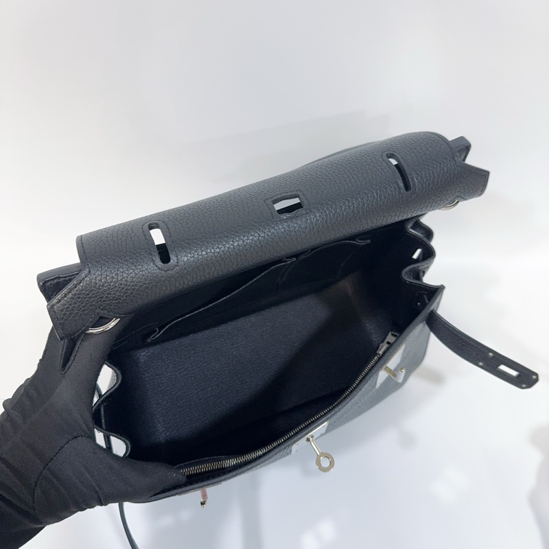 Hermes 89黑T/C皮銀釦Jypsiere28斜背包（男女通用）-9